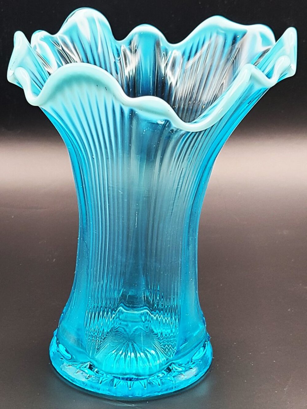 Jefferson Glass Antique Blue Opalescent Lined Heart Swung Vase 7"